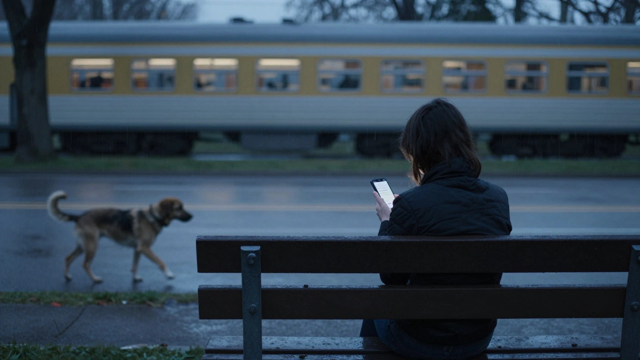 A person sits alone on a park bench at dusk, phone lit up with a text message as rain begins.