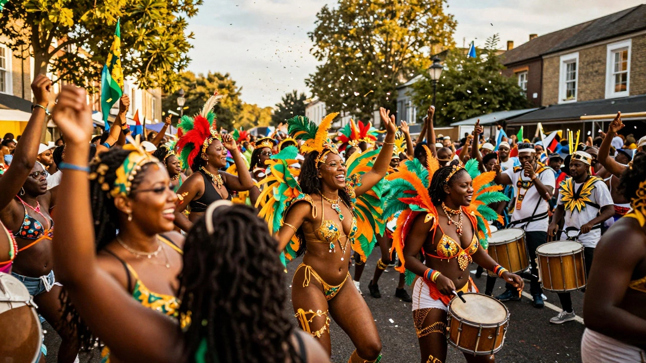 Vibrant carnival dancers in colorful costumes perform under sunny skies in a crowded street.